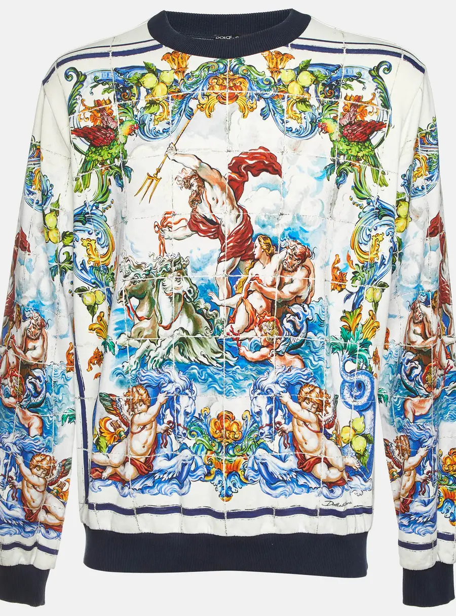 Dolce & Gabbana White Majolica Baroque Print Knit Sweatshirt XXL