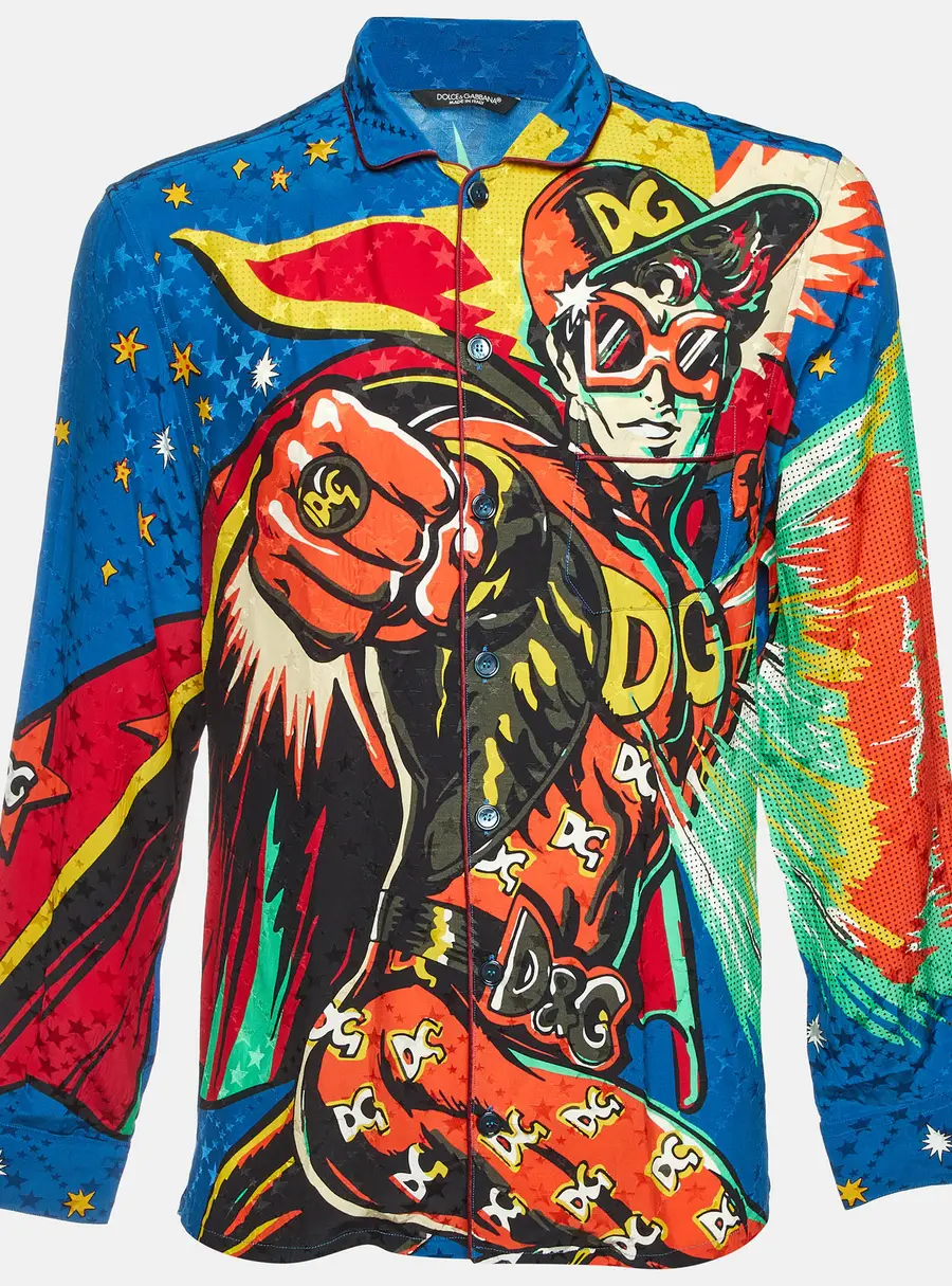 Dolce & Gabbana Multicolor Superhero Print Silk Blend Pajama Shirt M