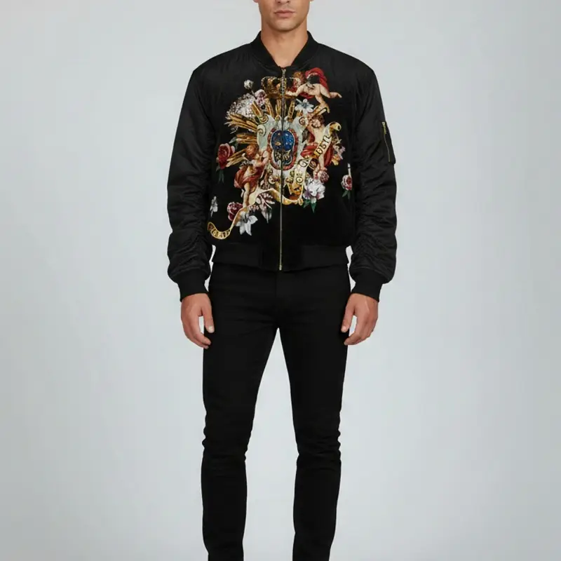 Dolce & Gabbana Black Baroque Angels Print Velvet Bomber Jacket L