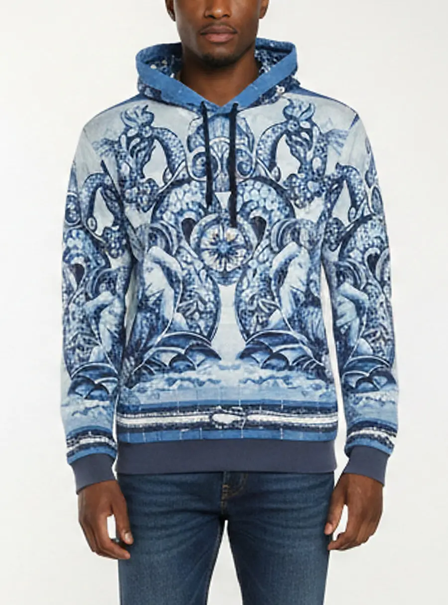 Dolce & Gabbana Blue Sicilian Majolica Print Cotton Hoodie L