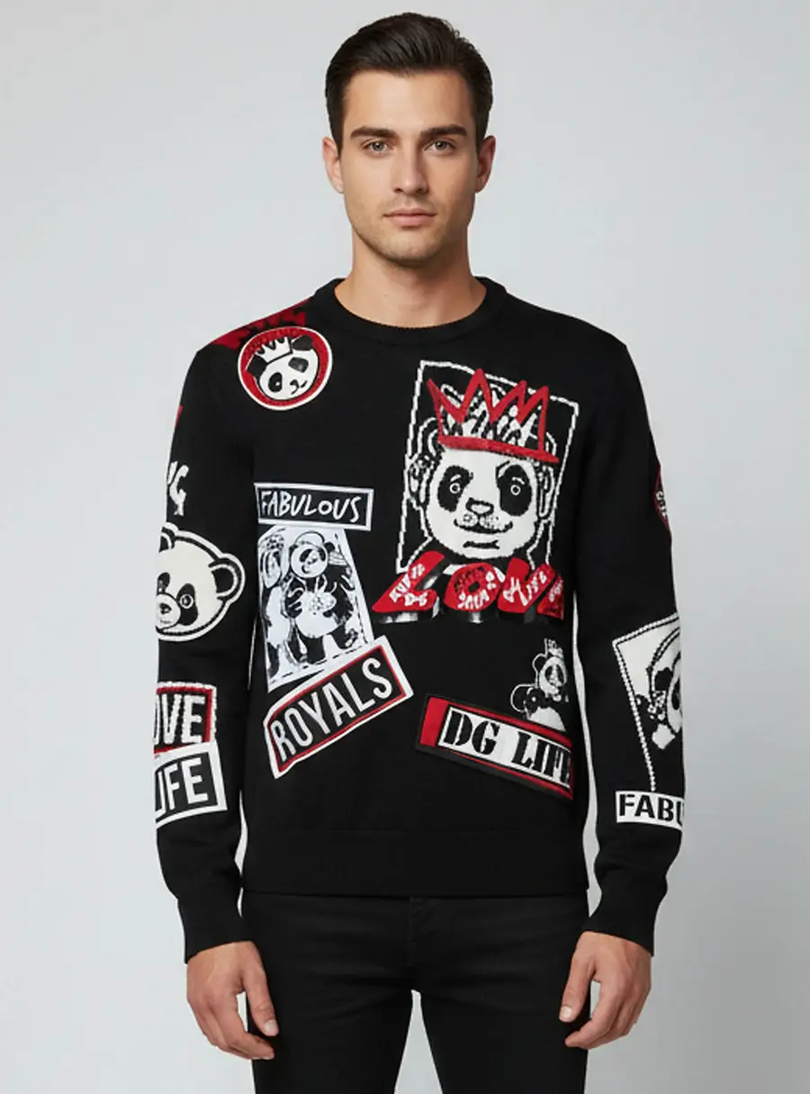 Dolce & Gabbana Black DG Life Panda Patches Knit Sweater L