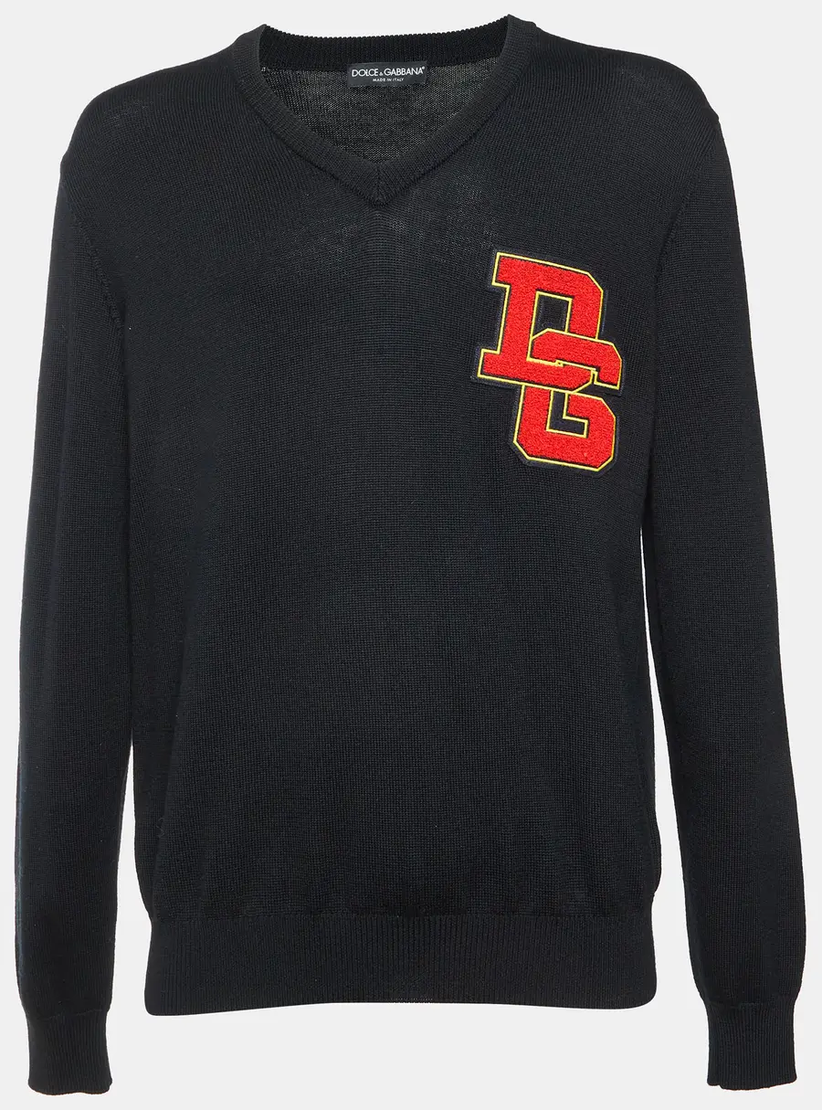 Dolce & Gabbana Black DG Logo Detail Wool Knit V-Neck Sweater XL
