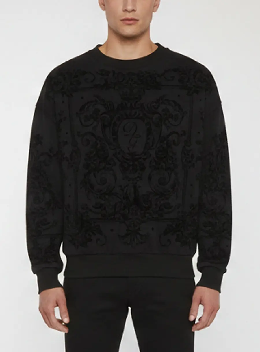 Dolce & Gabbana Black Baroque Logo Velvet Print Cotton Crew Neck Sweatshirt M