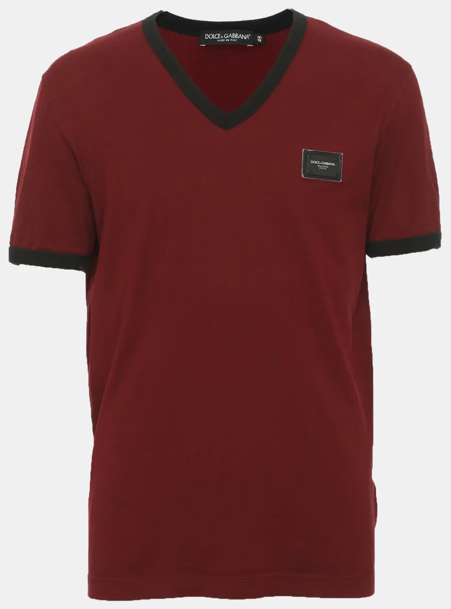 Dolce & Gabbana Burgundy Cotton Knit Logo Plaque Detail Crewneck T-Shirt M