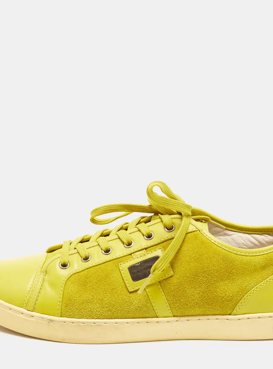 Dolce & Gabbana Size 45 Lime Green Leather and Suede Low Top Sneakers