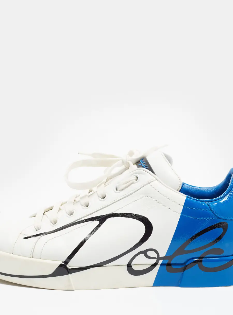 Dolce & Gabbana Portofino Size 42.5 WhiteBlue Leather Lace Up Sneakers