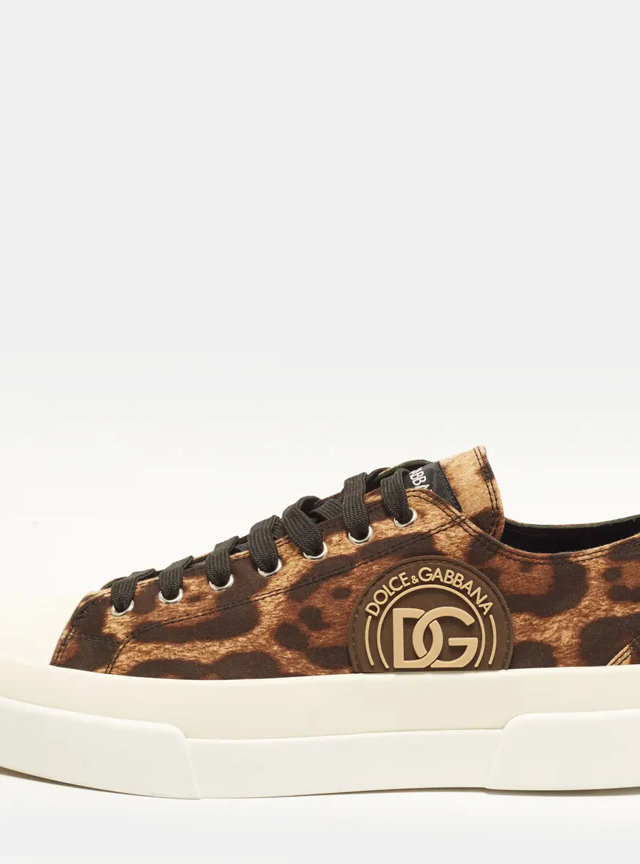 Dolce & Gabbana Portofino Size 44 Brown Leopard Print Fabric Low Top Sneakers