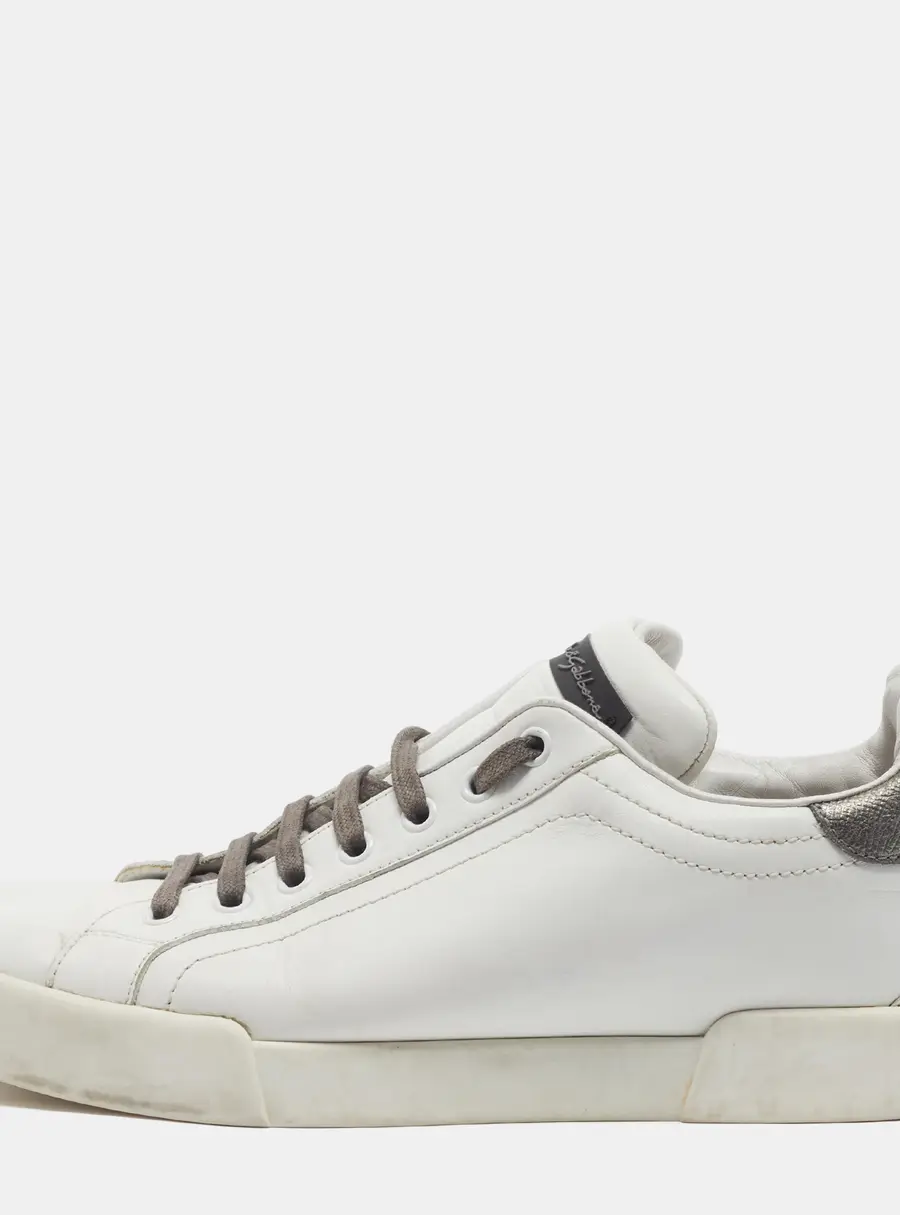 Dolce & Gabbana Portofino Size 41 White/Grey Leather Logo Pearl Embellished Low Top Sneakers