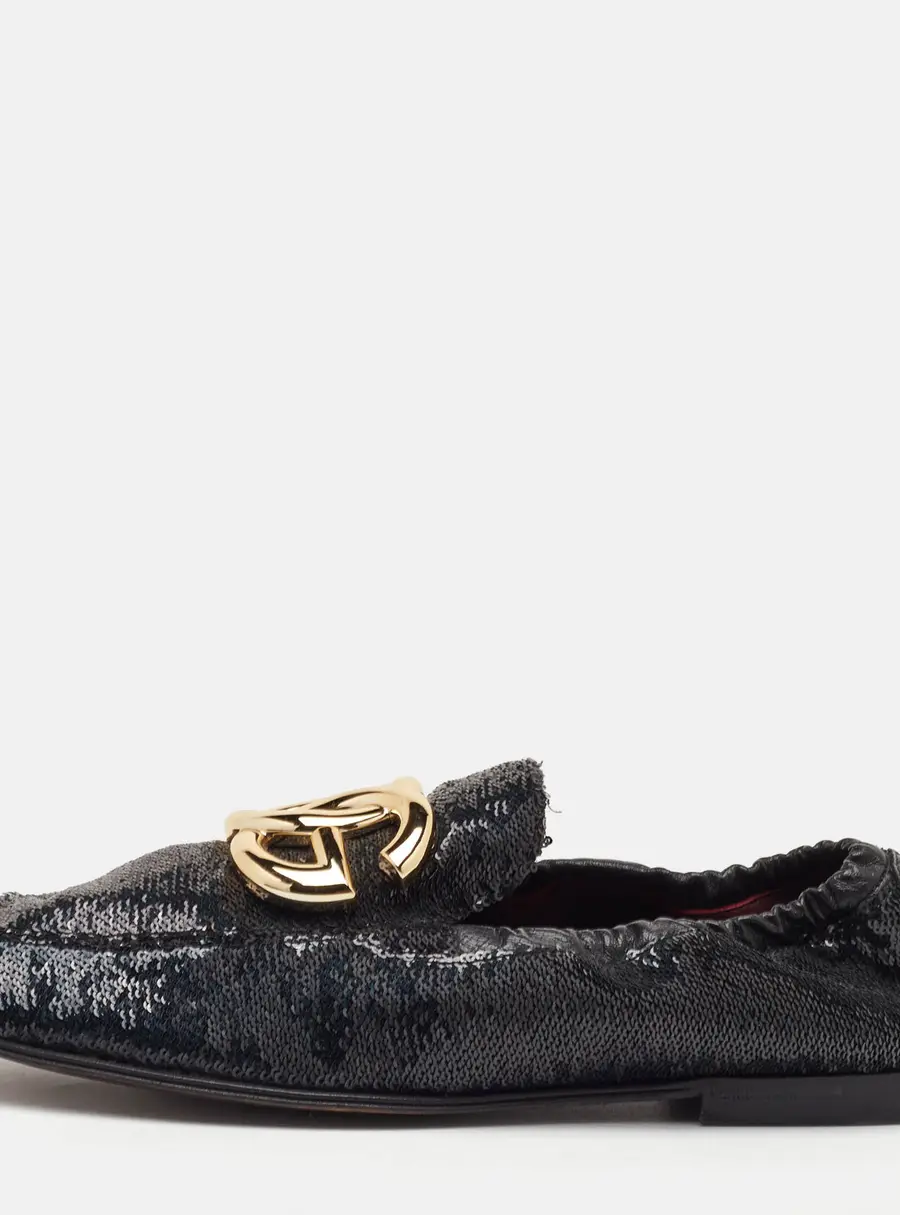 Dolce & Gabbana DG Logo Size 44 Black Sequins Ariosto Paillettes Loafers
