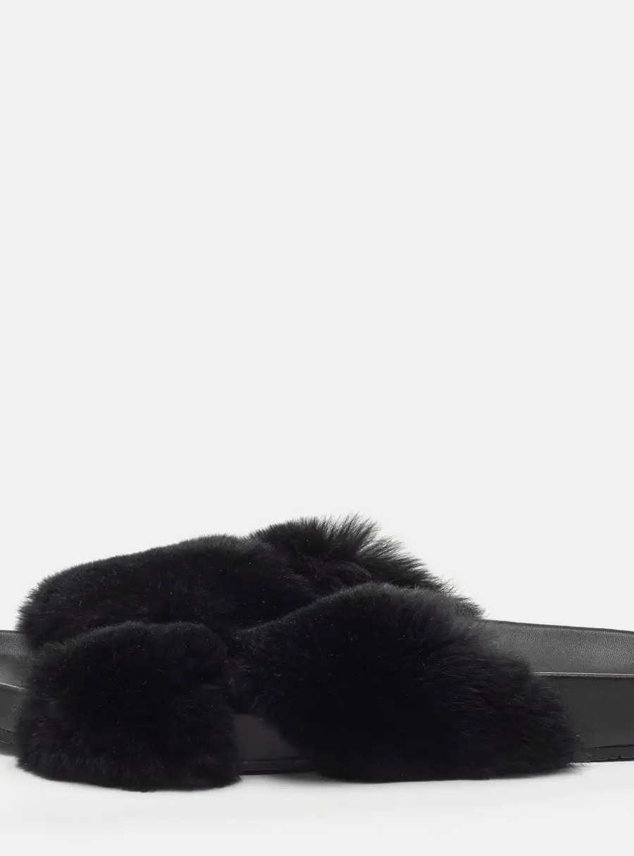 Dolce & Gabbana Size 44 Black Fox Fur Flat Slide Sandals