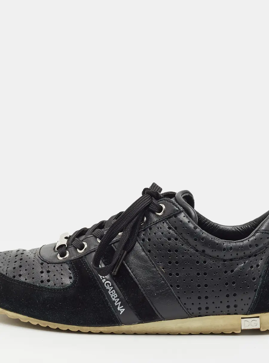 Dolce & Gabbana Size 40.5 Black Perforated Leather and Suede Low Top Sneakers