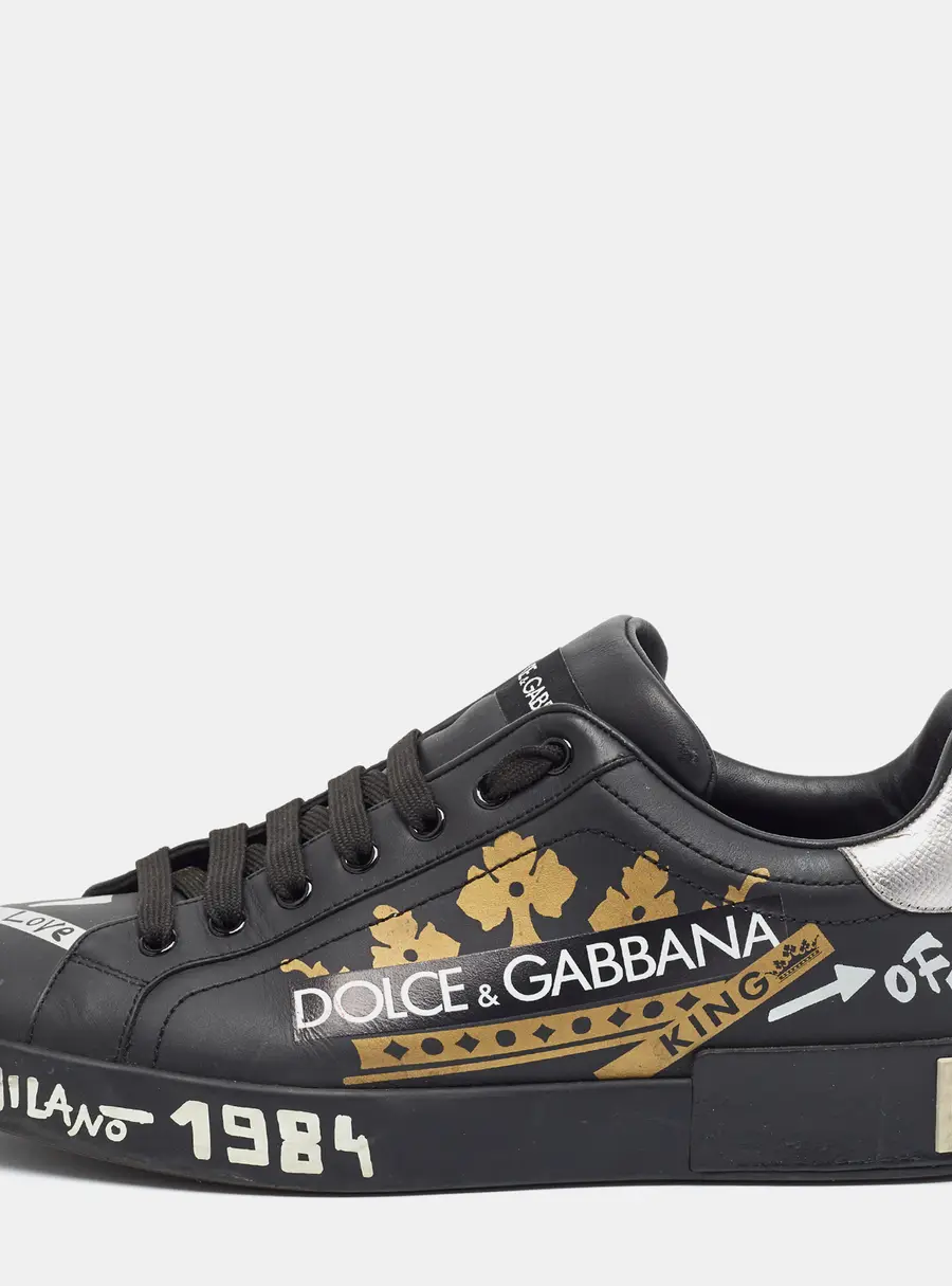 Dolce & Gabbana Portofino Size 43.5 Black/Silver Leather Low Top Sneakers