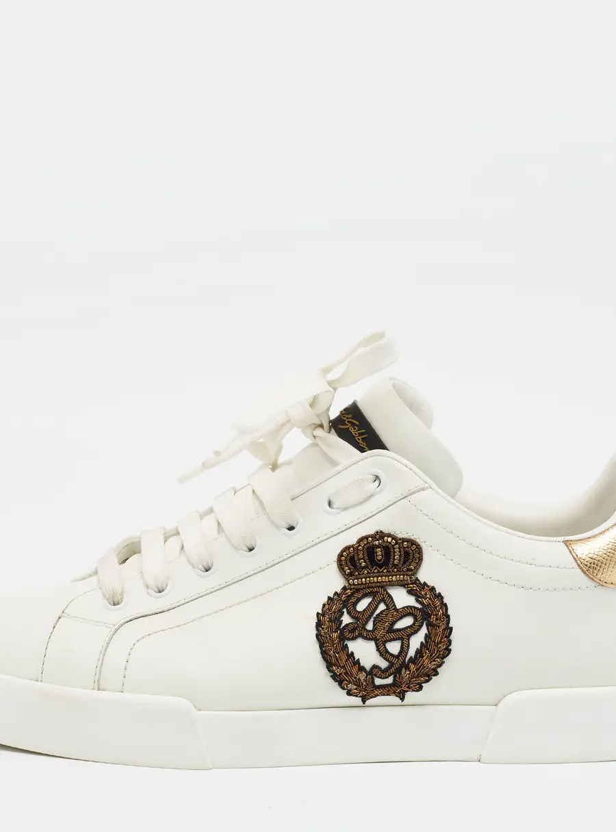 Dolce & Gabbana Portofino Size 43 White/Gold Leather Crown Patch Lace Up Sneakers
