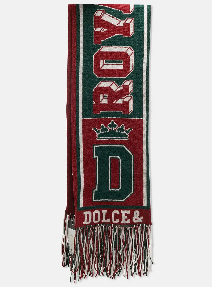 Dolce & Gabbana Burgundy/Green Logo Intarsia Cashmere Fringed Muffler