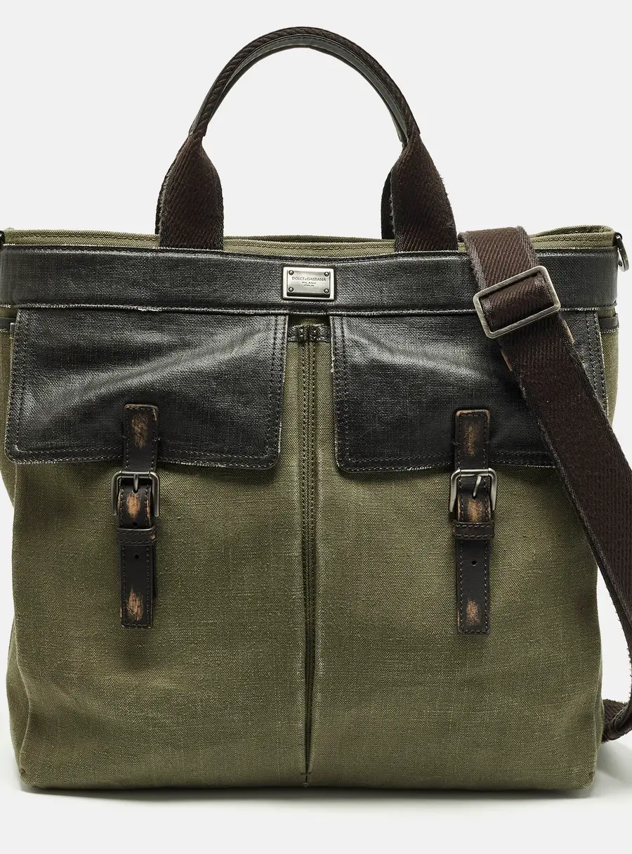 Dolce & Gabbana Green/Dark Brown Distressed Finish Canvas Tote