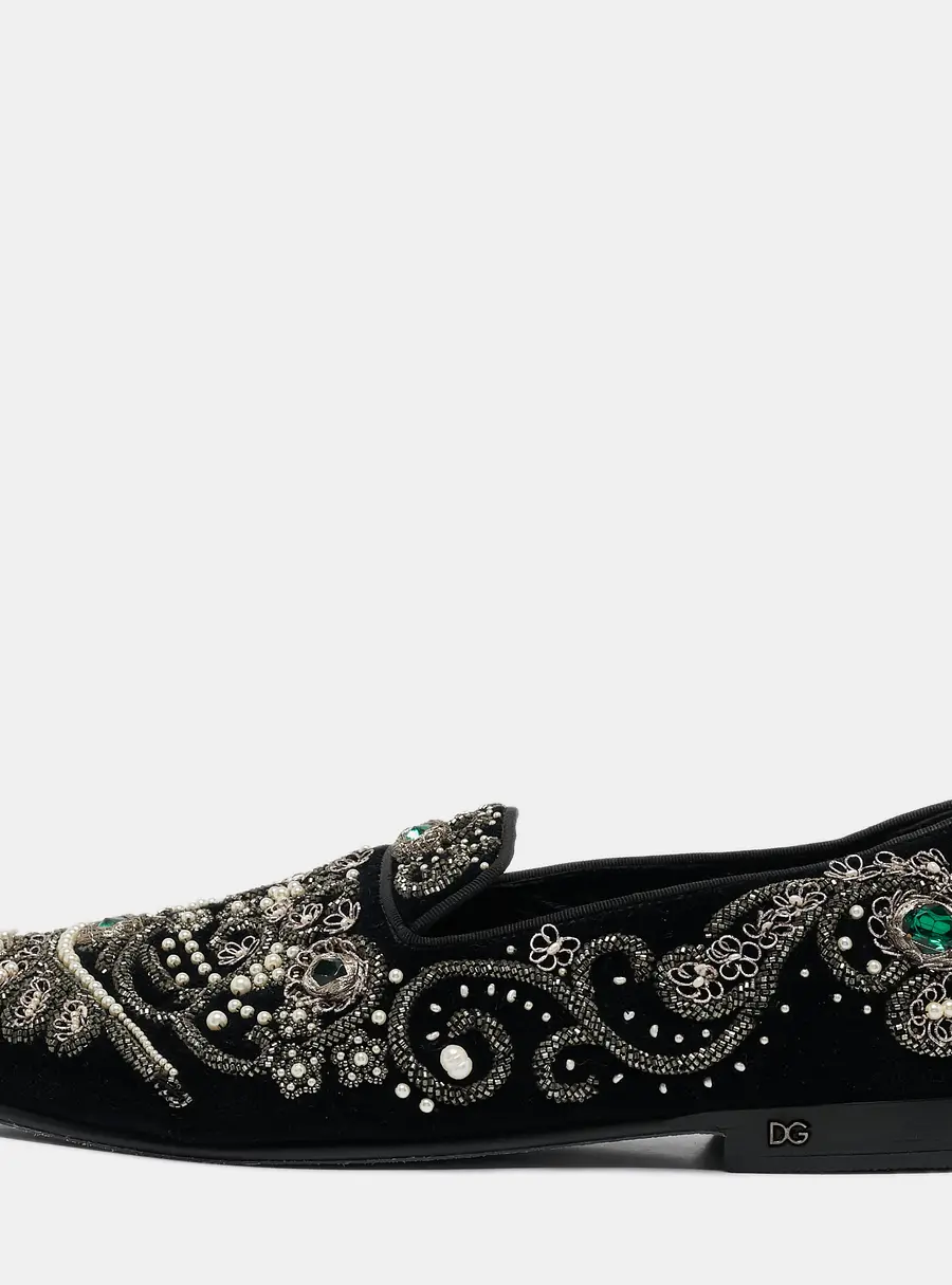 Dolce & Gabbana Black Velvet Embroidered and Embellished Smoking Slippers Size 42