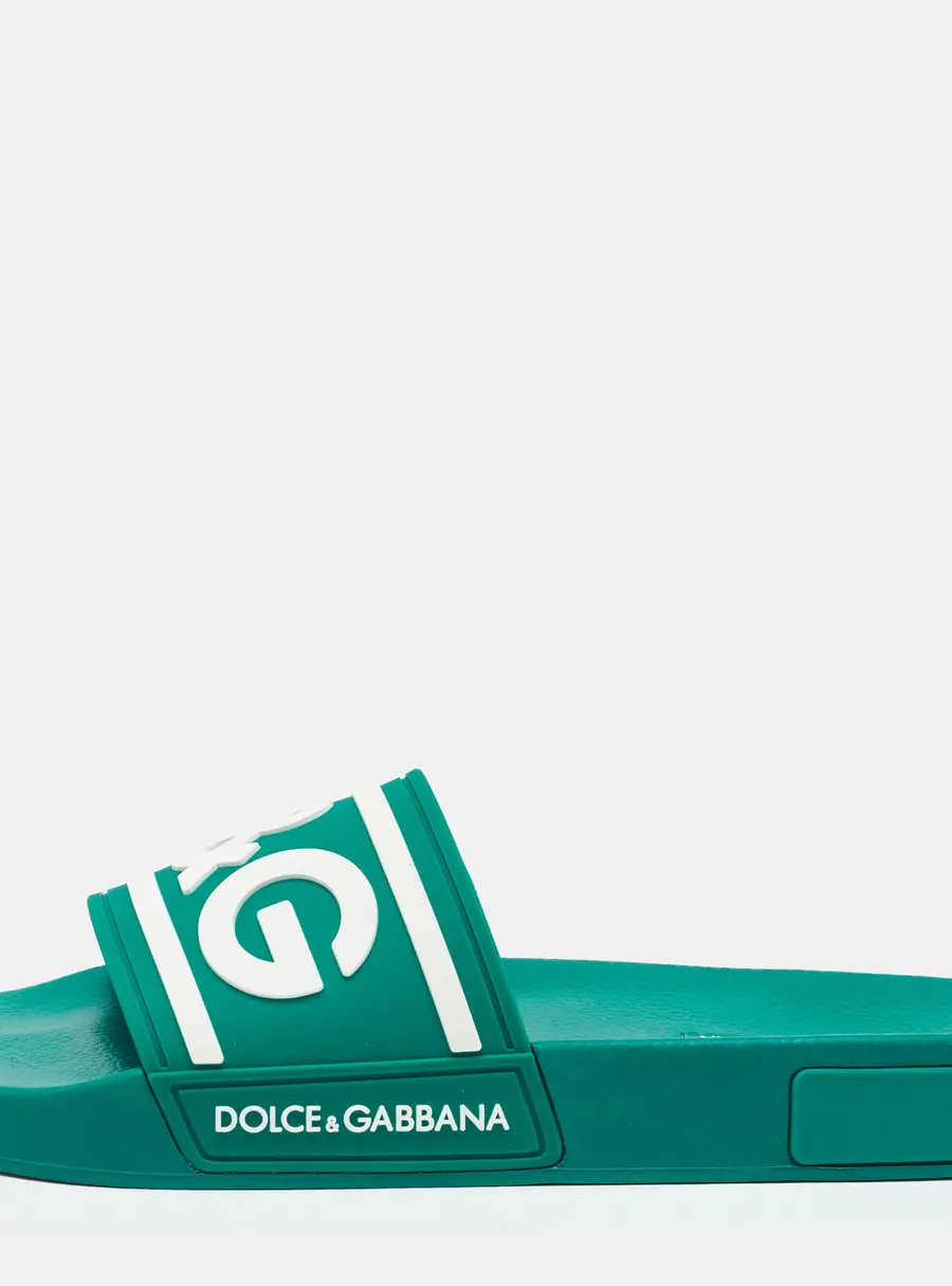 Dolce & Gabbana Dark Green Rubber Logo Flat Slides Size 41
