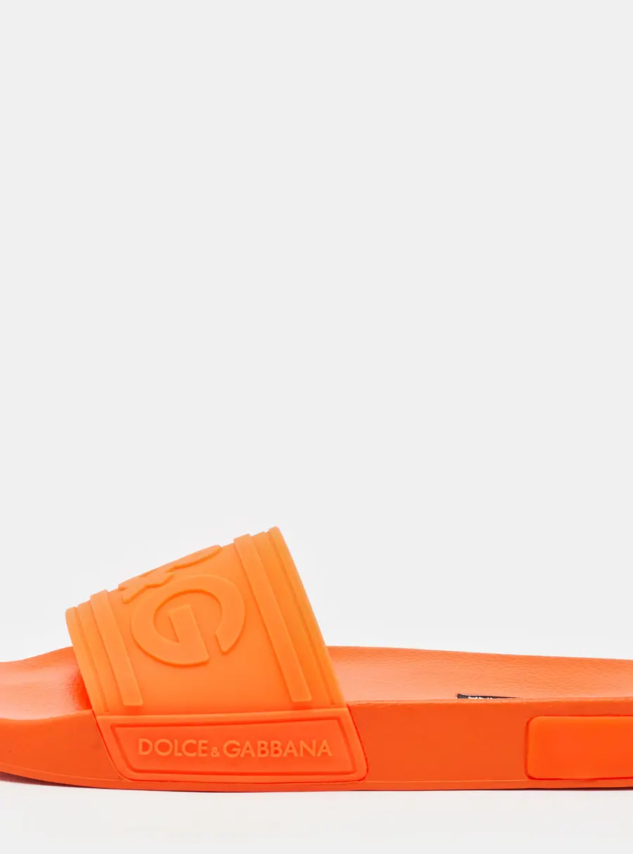 Dolce & Gabbana Neon Orange Rubber Logo Flat Slides Size 42