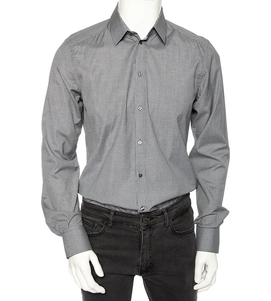 Dolce & Gabbana Grey Pin Check Cotton Front Button Shirt M