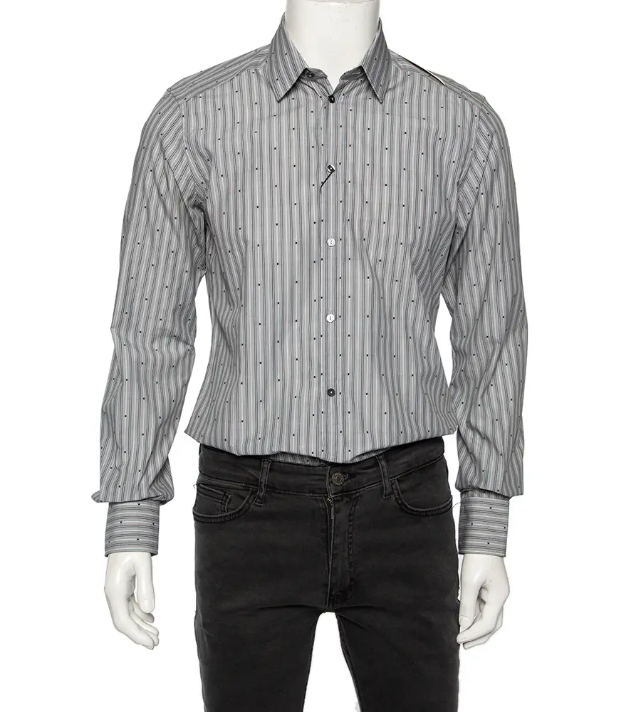 Dolce & Gabbana Grey Striped Cotton Embroidered Detail Gold Fit Shirt M
