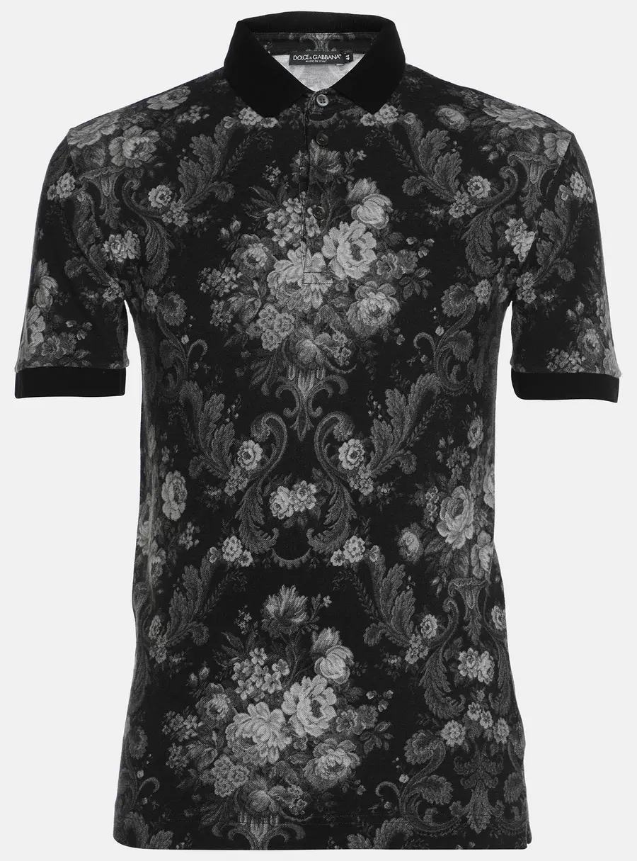 Dolce and Gabbana Black Floral Print Cotton Pique Polo T-Shirt XS