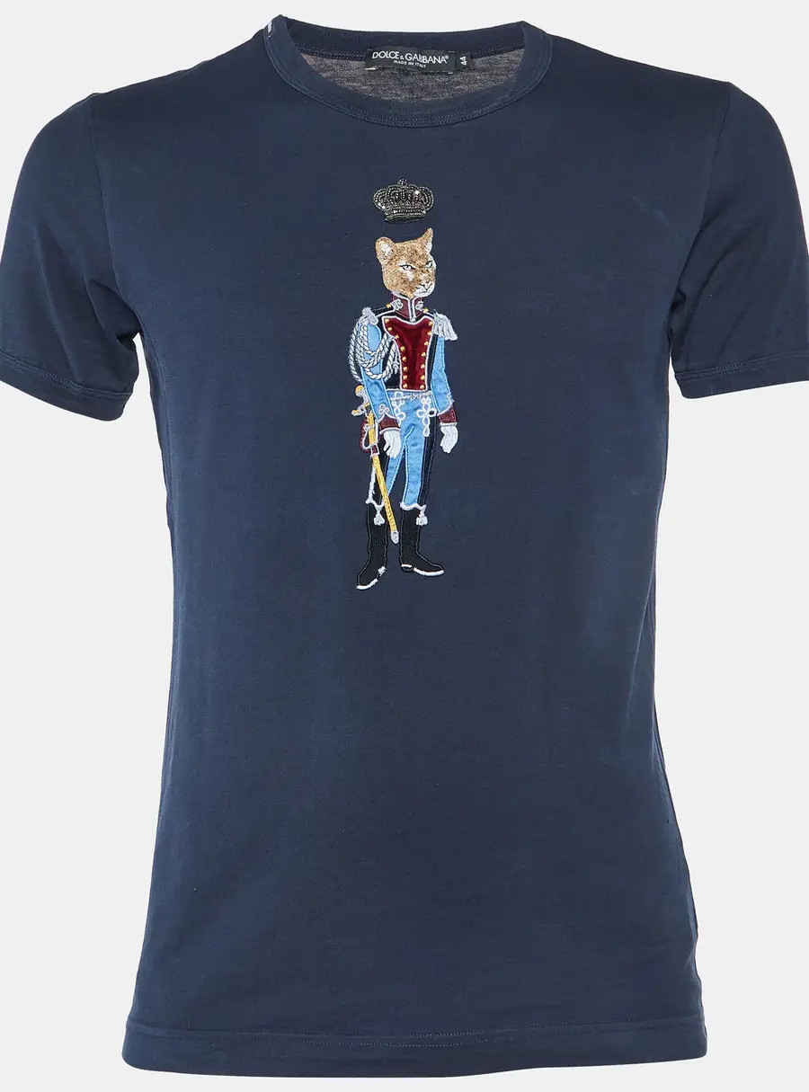 Dolce & Gabbana Navy Blue Cotton Royal Pet Patch Detail T-Shirt XS