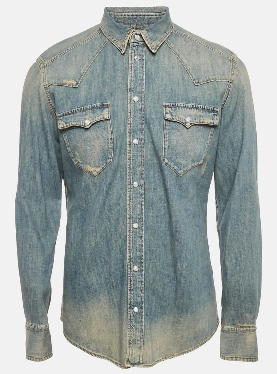 Dolce & Gabbana Blue Faded Distressed Denim Shirt XL