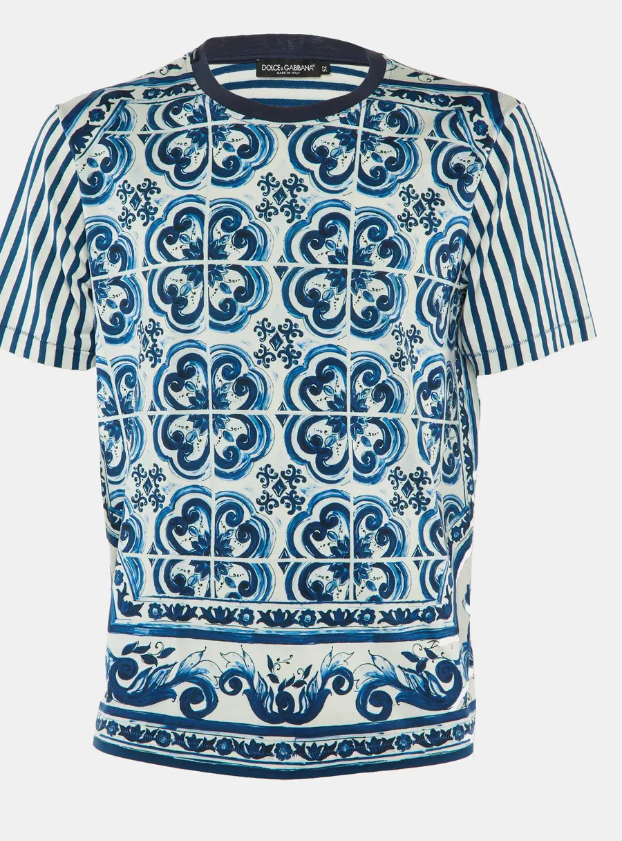 Dolce & Gabbana White Stripe Majolica Print Cotton Crewneck T-Shirt XL