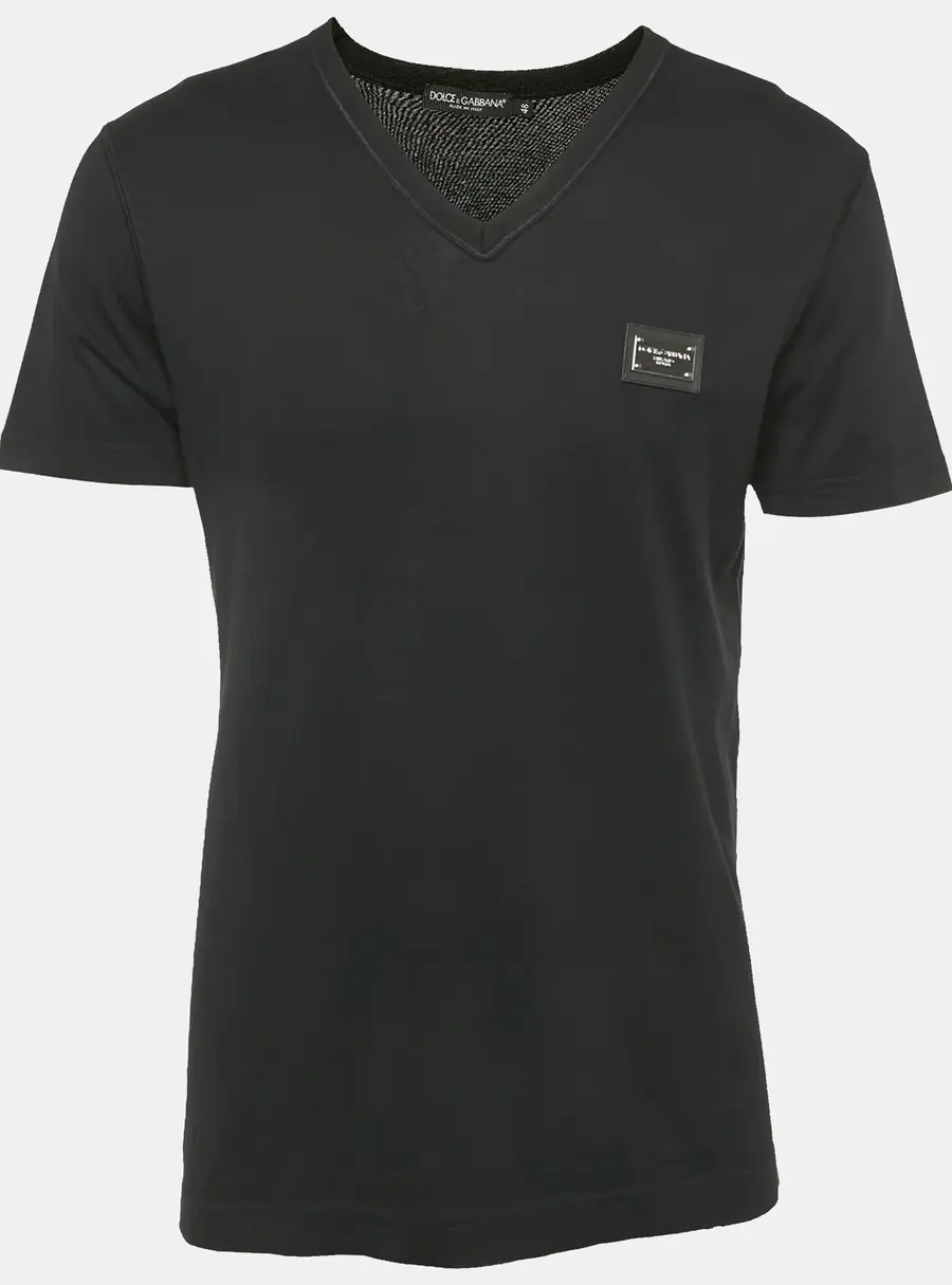 Dolce & Gabbana Black Cotton Logo Plaque Detail V-Neck T-Shirt M