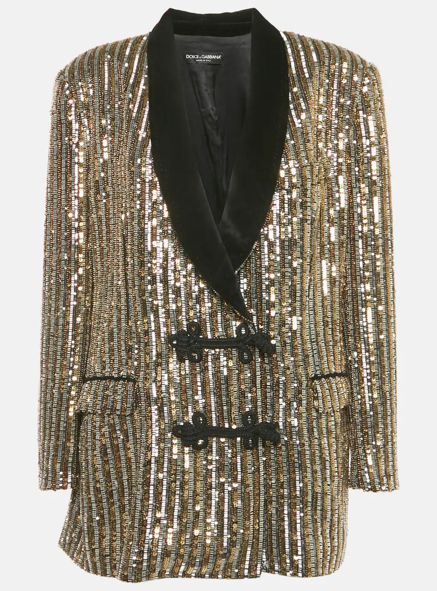 Dolce & Gabbana Gold Sequin Embellished Toggle Up Blazer M
