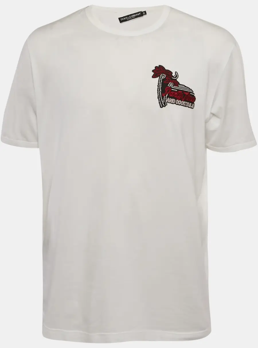 Dolce & Gabbana White Cotton Knit Applique Detail T-Shirt 4XL