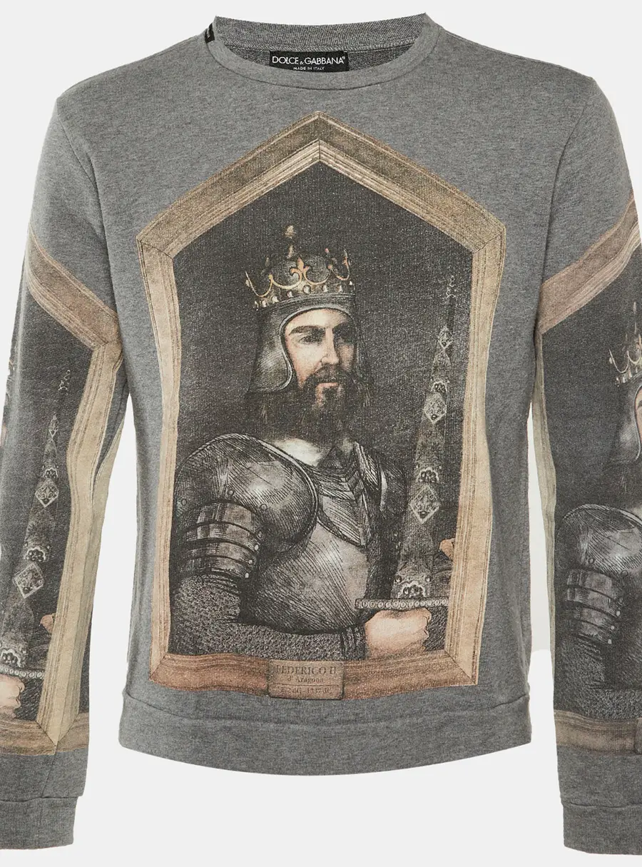 Dolce & Gabbana Grey King Printed Cotton Knit Sweatshirt L