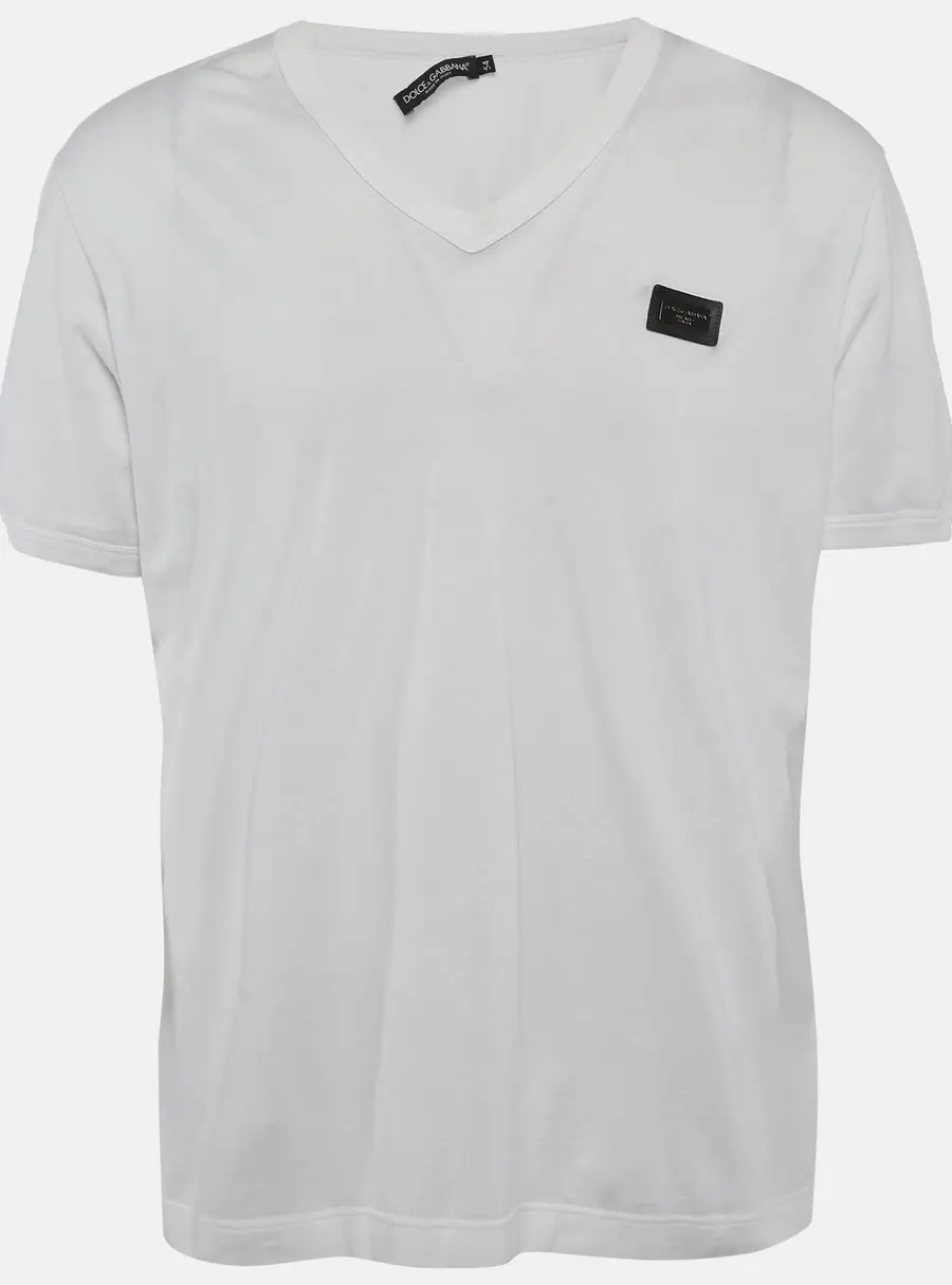 Dolce & Gabbana White Logo Plaque Jersey V-Neck T-Shirt XXL