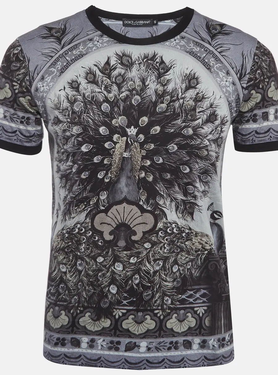Dolce & Gabbana Grey Peacock Print Jersey T-Shirt M