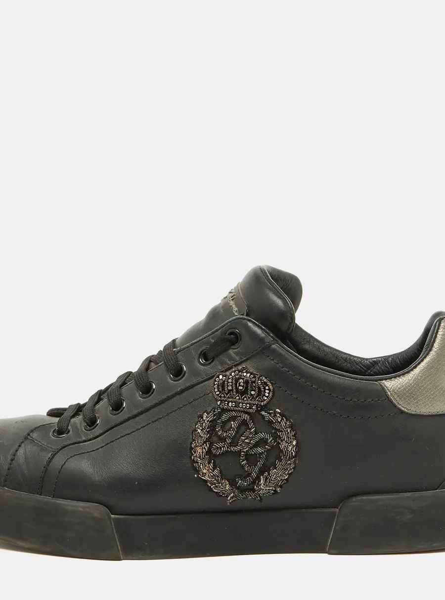 Dolce & Gabbana Black Leather Portofino Crown Patch Sneakers Size 41