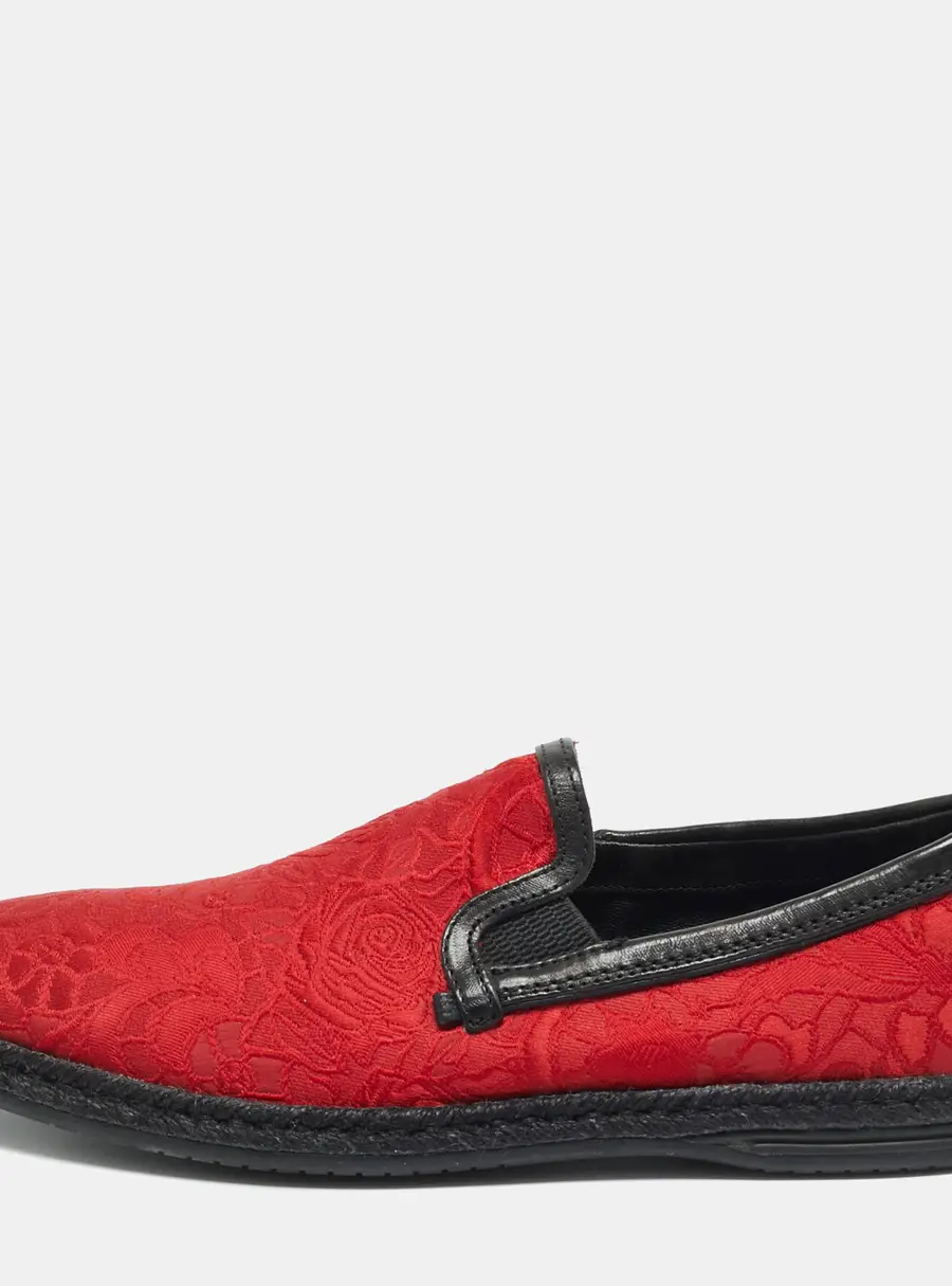 Dolce & Gabbana Size 40 Red Brocade Fabric and Leather Slip On Espadrille