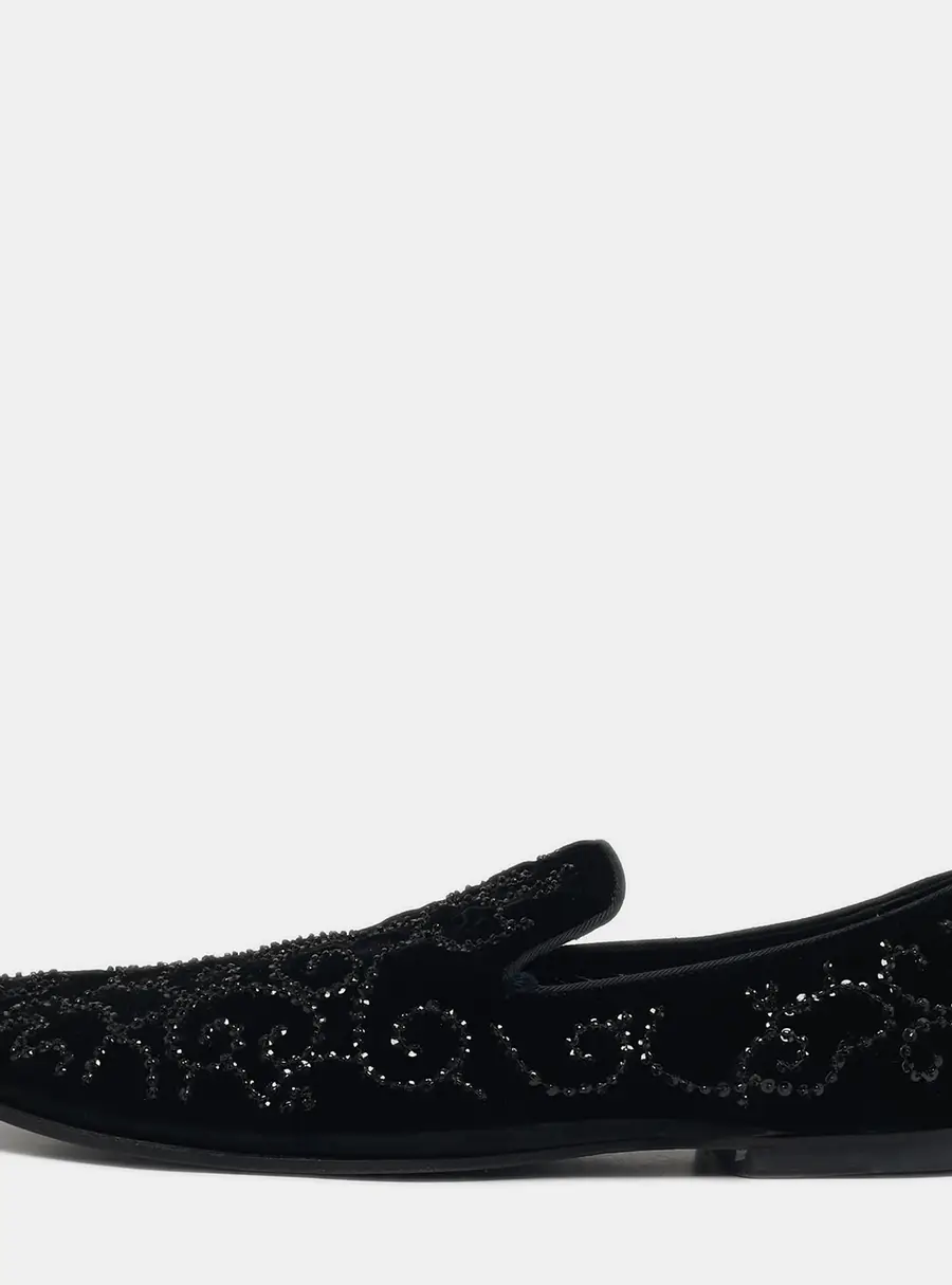 Dolce & Gabbana Size 43 Black Velvet Crystal Embellished Smoking Slippers