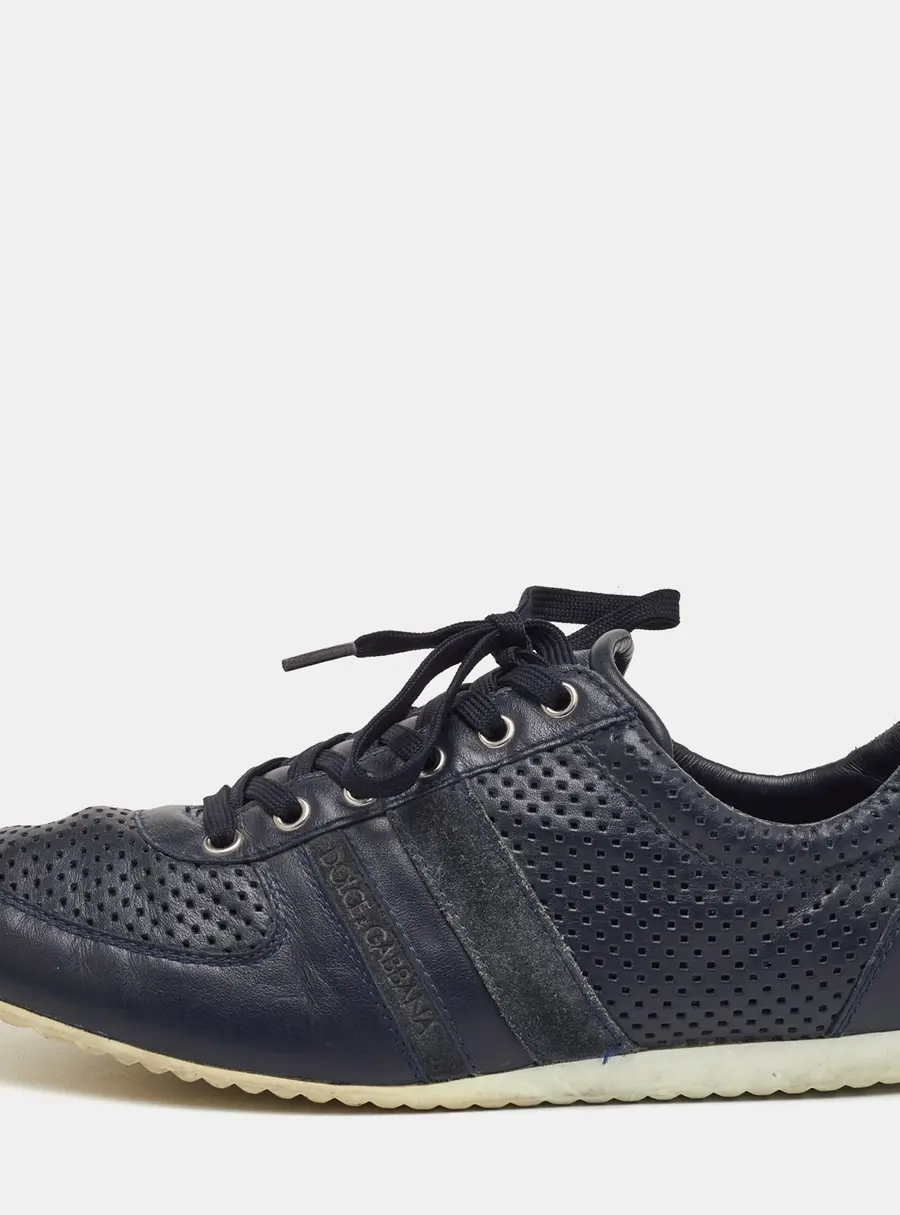 Dolce & Gabbana Size 42 Navy Blue Perforated Leather and Suede Low Top Sneakers