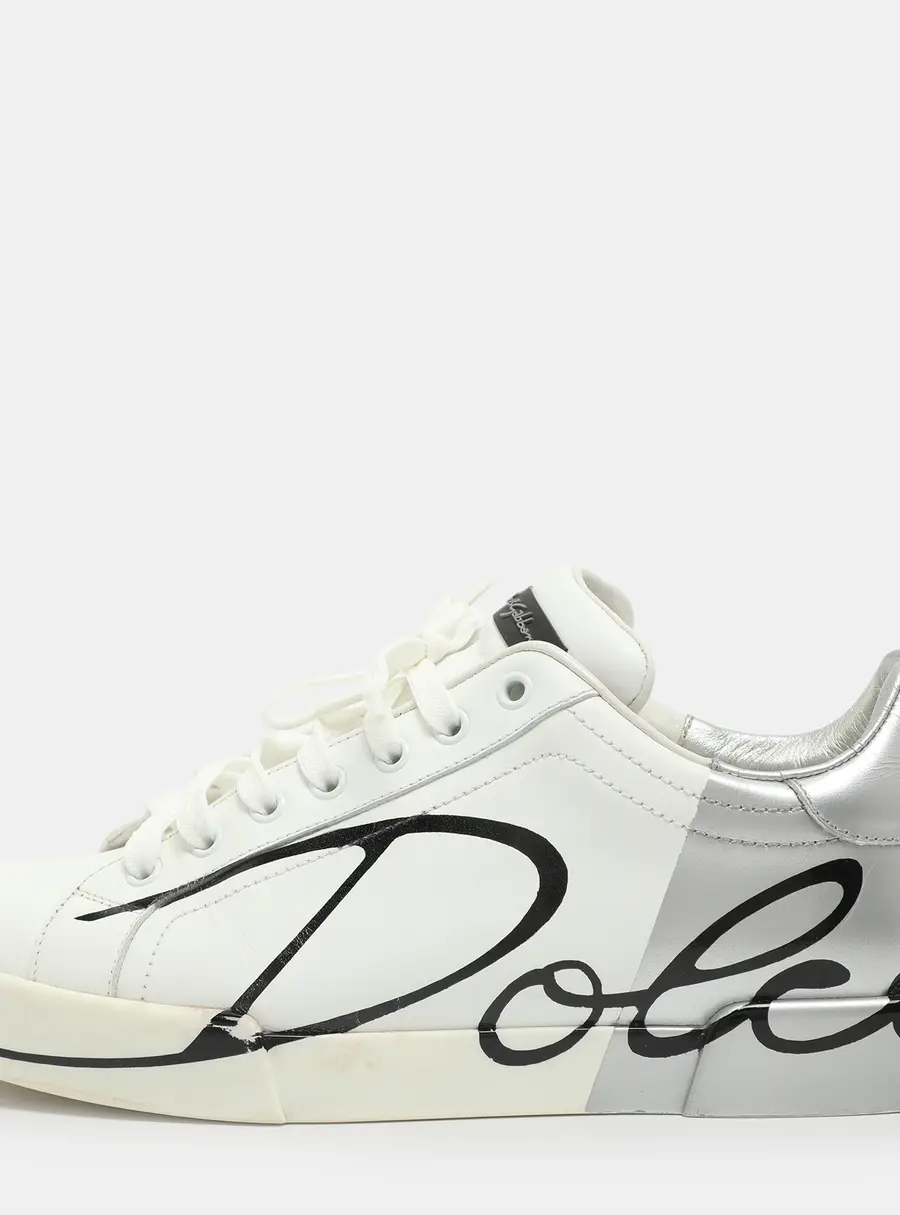 Dolce & Gabbana Portofino Size 42.5 White/Grey Leather Low Top Sneakers