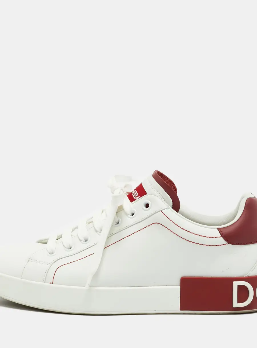 Dolce & Gabbana Portofino Size 40 White/Burgundy Leather Lace Up Sneakers