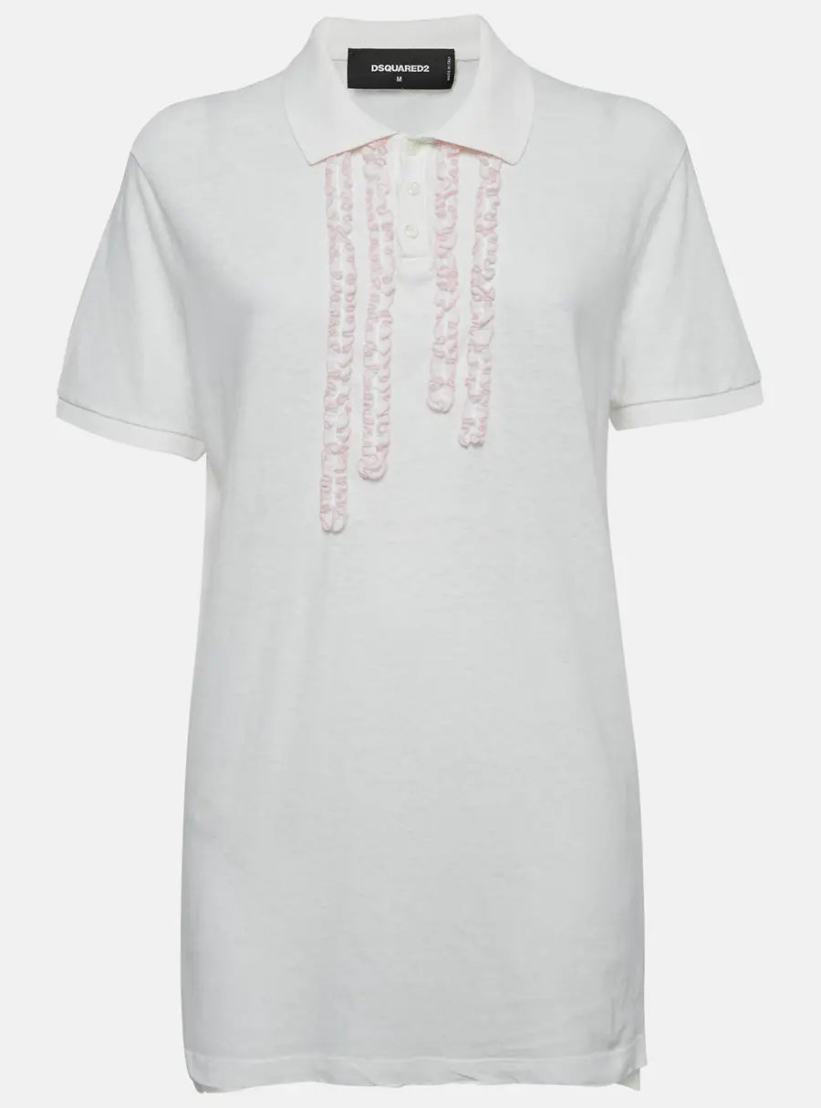 Dsquared2 White Cotton Ruffle Detail Polo T-Shirt M
