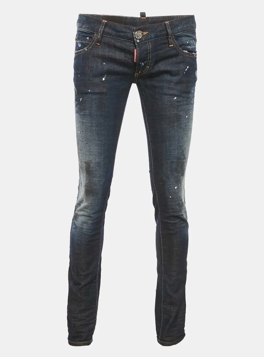 Dsquared2 Blue Dark Wash Denim Paint Splatter Distressed Slim Bottom Jeans S Waist 32 "