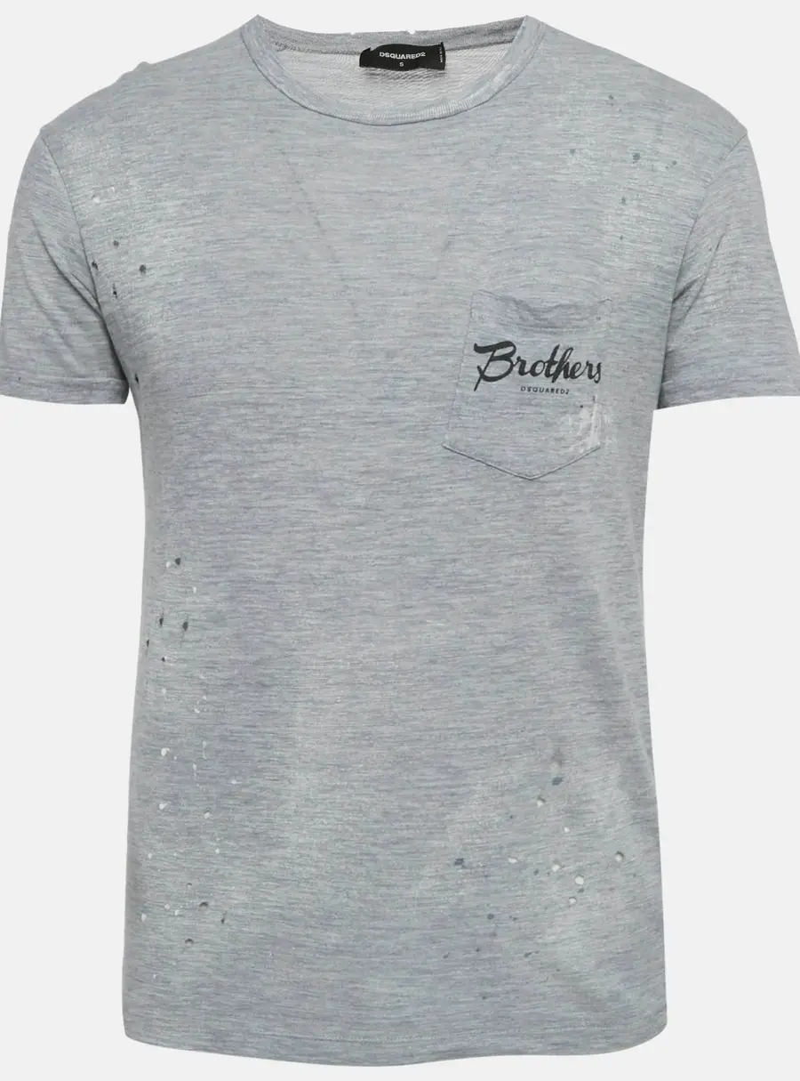 Dsquared2 Grey Printed Cotton Blend Distressed T-Shirt S