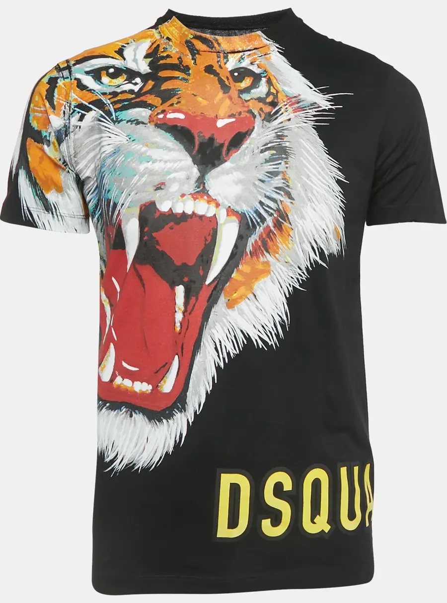 Dsquared2 Black Tiger Print Cotton Knit Crew Neck T-Shirt XXS