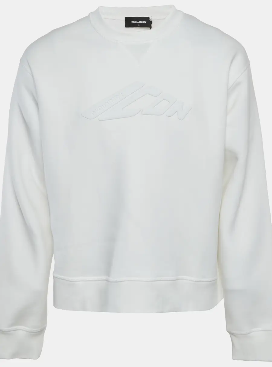 Dsquared2 White Cotton Knit Logo Graphic Crewneck Sweatshirt L