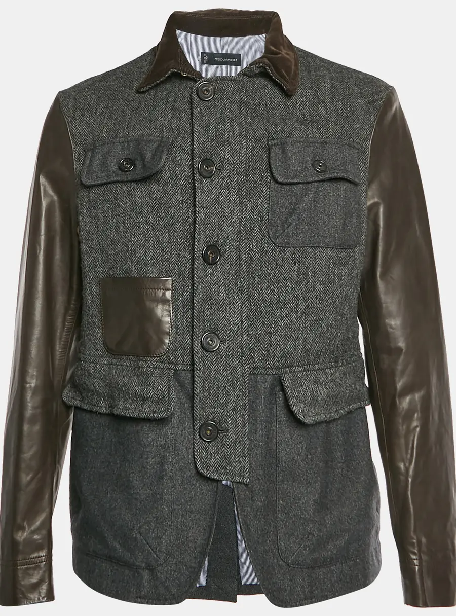 Dsquared2 Grey/Brown Herringbone Wool and Leather Jacket XL
