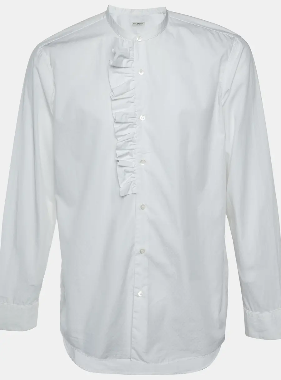 Dries van Noten White Cotton Frill Detail Mandarin Collar Shirt XL