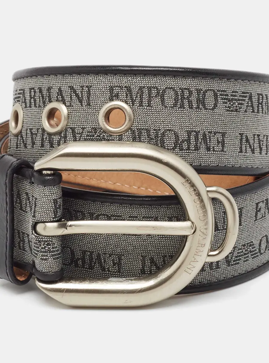 Emporio Armani Grey/Black Logo Print Fabric and Leather Buckle Belt