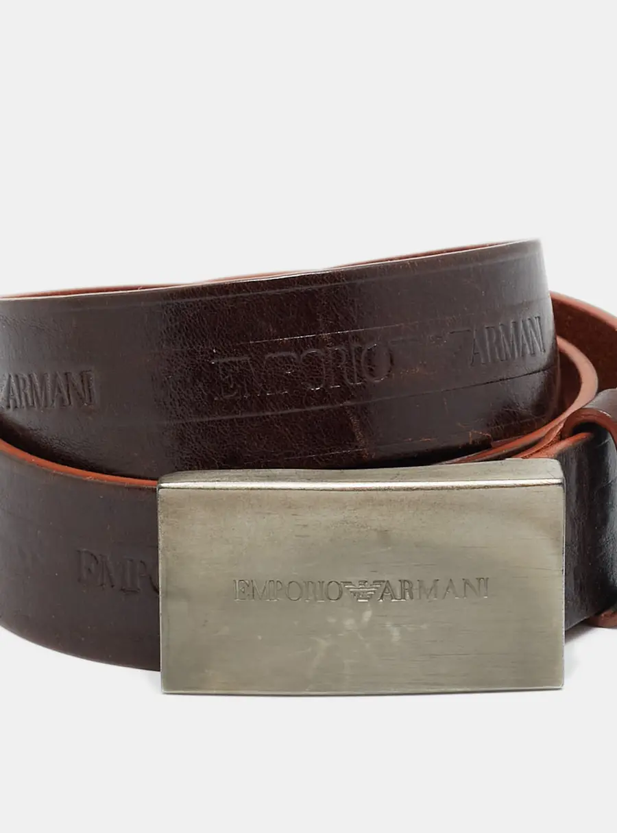 Emporio Armani Logo Plaque 46 Buckle Belt Brown Leather