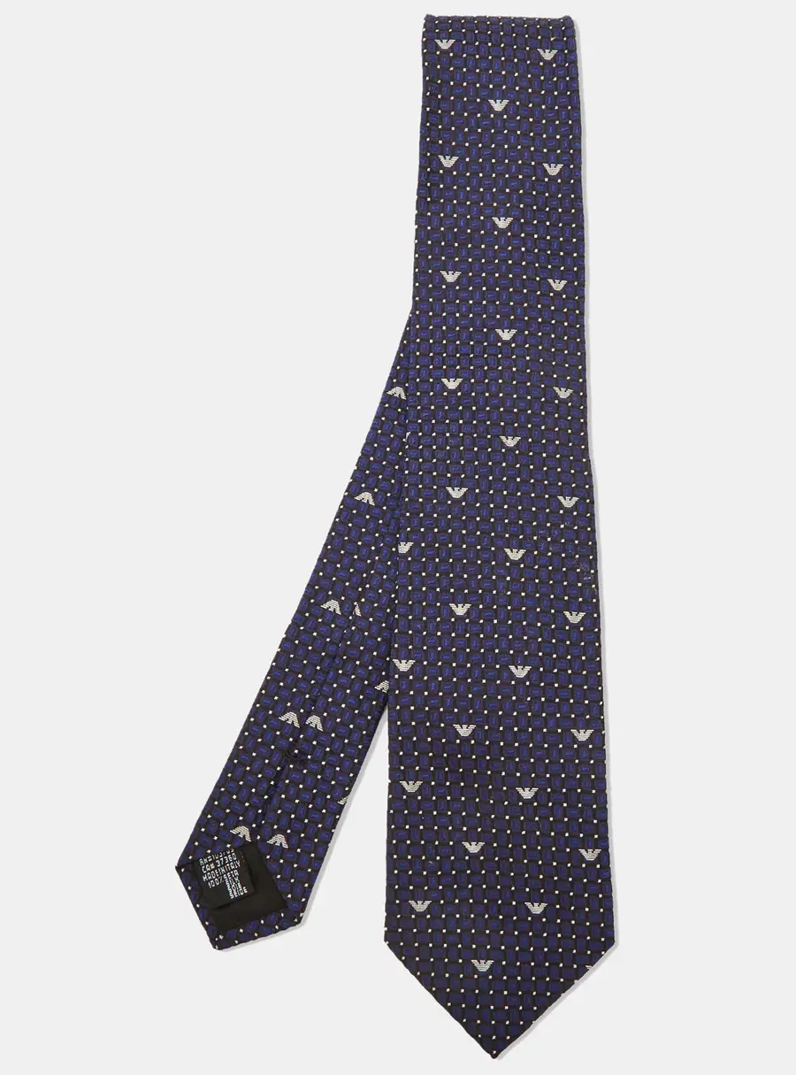 Emporio Armani Navy Blue Logo Jacquard Silk Classic Tie